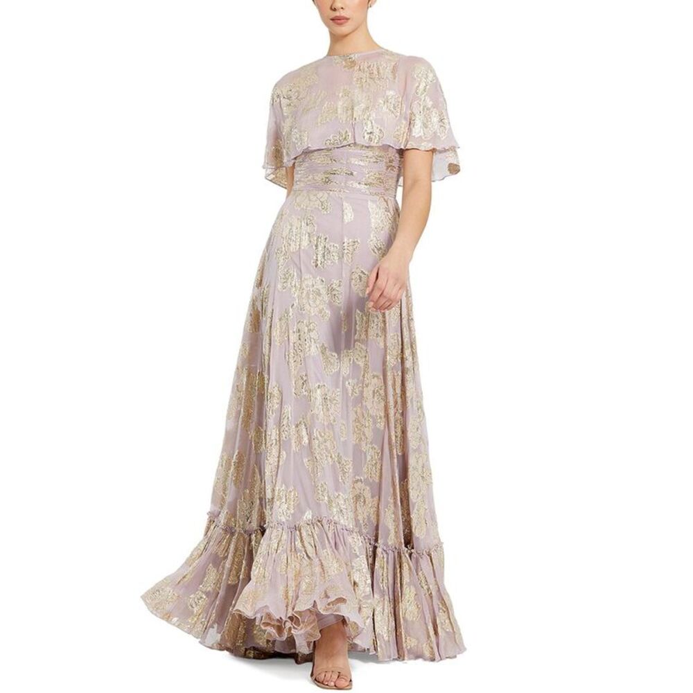 Mac Duggal Womens Floral Print High Neck Cape Sleeve A-Line Gown, Purple